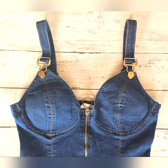 RARE JW Signature Blue Denim Corset Flare Bodysuit Overall Straps Unique Sexy - Picture 3 of 11
